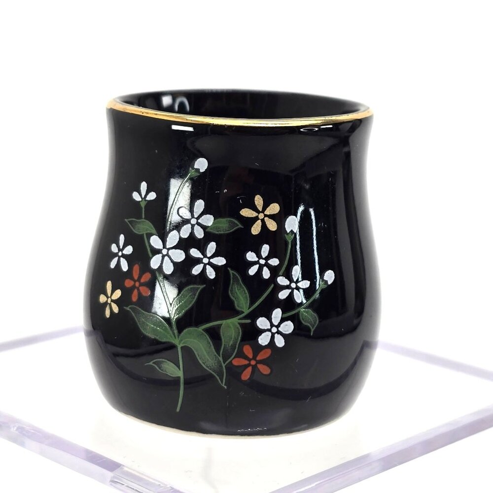 Vintage Black Floral Ceramic Vase With Gold Rim Accent Miniature je200